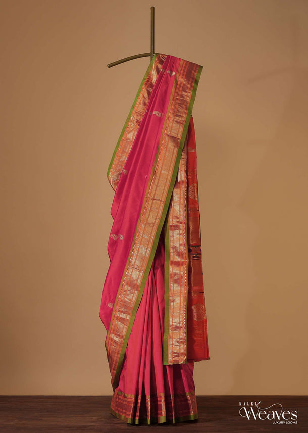 Virtual Pink Maharashtrian Paithani Woven Saree In Pure Silk With Orange Shade And Unstitched Blouse