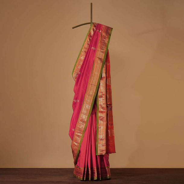 Virtual Pink Maharashtrian Paithani Woven Saree In Pure Silk With Orange Shade And Unstitched Blouse