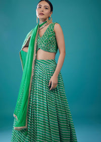 Jade Green Embroidered Georgette Leheriya Lehenga Set