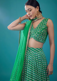 Jade Green Embroidered Georgette Leheriya Lehenga Set