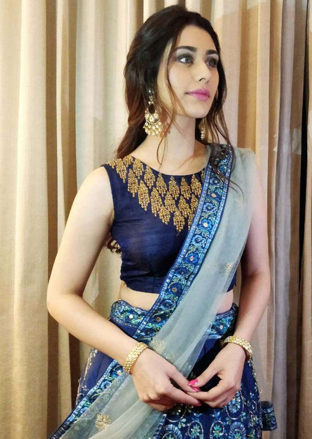 Warina Hussain  in kalki admiral blue raw silk lehenga set.