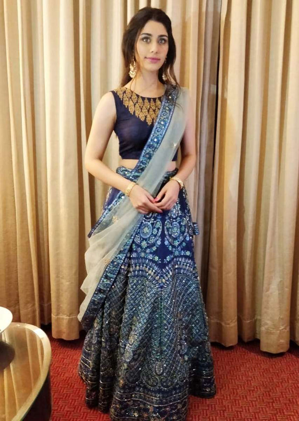 Warina Hussain  in kalki admiral blue raw silk lehenga set.