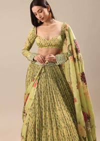 Warm Green Embroidered Skirt And Blouse