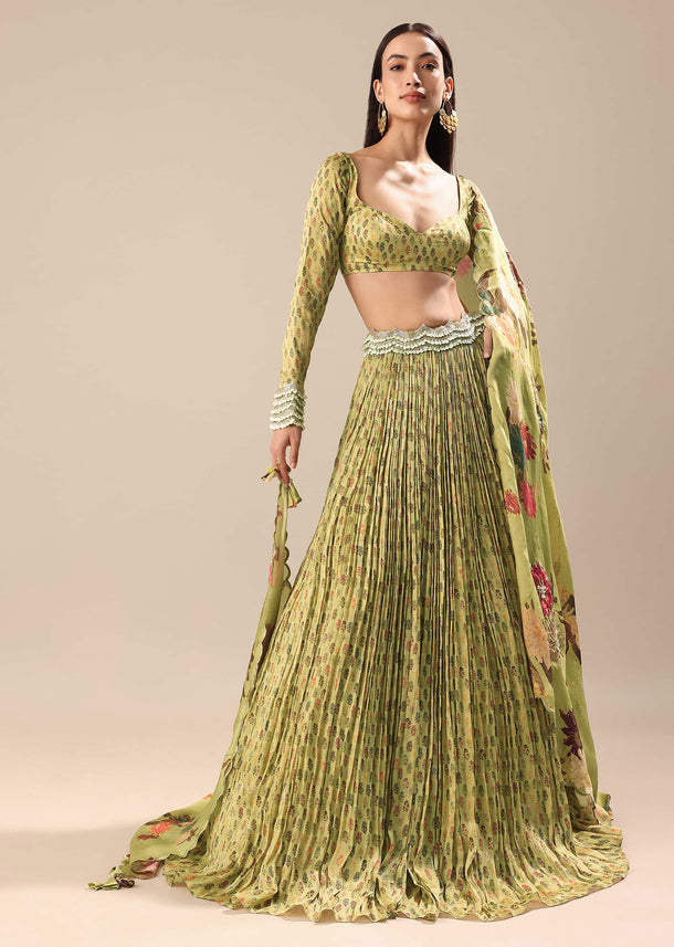 Warm Green Embroidered Skirt And Blouse