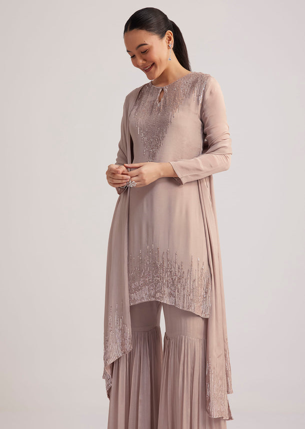 Warm Grey Sequined Chinon Sharara Set