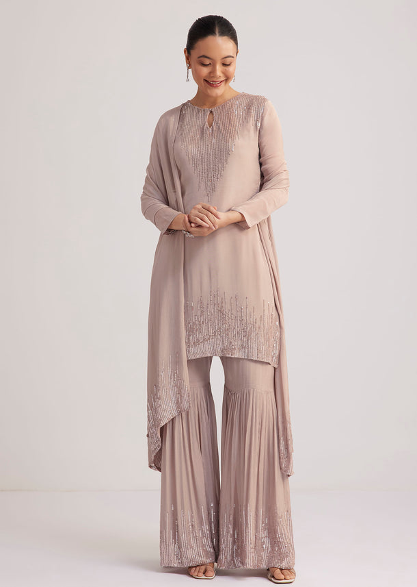 Warm Grey Sequined Chinon Sharara Set