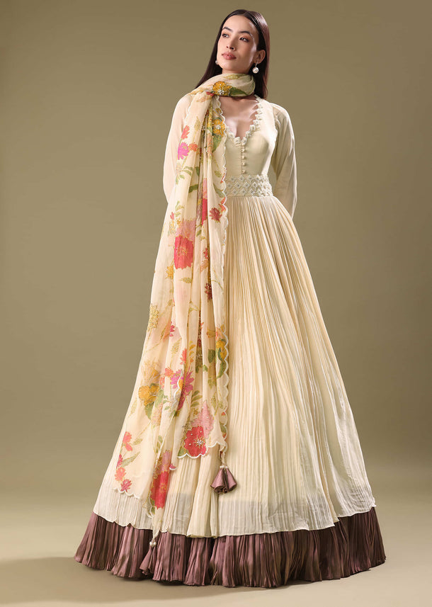 Warm Ivory Beaded Long Suit With Dupatta