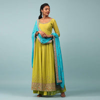 Warm Olive Green Embroidered Palazzo Suit In Chinon