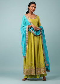 Warm Olive Green Embroidered Palazzo Suit In Chinon