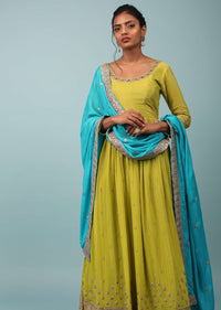 Warm Olive Green Embroidered Palazzo Suit In Chinon