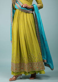 Warm Olive Green Embroidered Palazzo Suit In Chinon