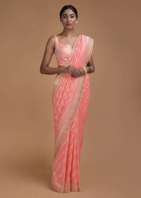 Watermelon Pink Banarasi Saree In Georgette With Weaved Diagonal Stripes  Online - Kalki Fashion