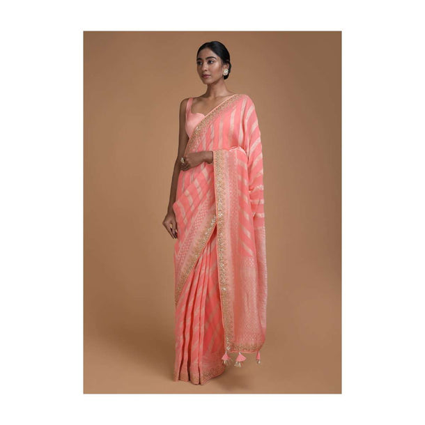 Watermelon Pink Banarasi Saree In Georgette With Weaved Diagonal Stripes  Online - Kalki Fashion