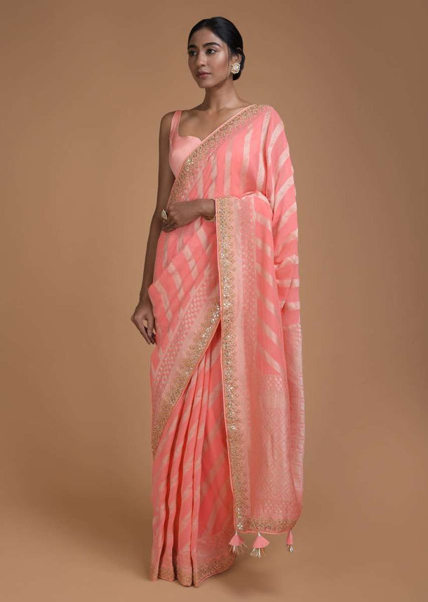 Watermelon Pink Banarasi Saree In Georgette With Weaved Diagonal Stripes  Online - Kalki Fashion