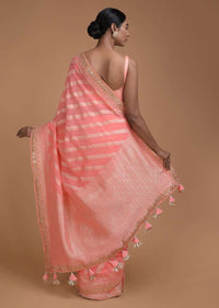 Watermelon Pink Banarasi Saree In Georgette With Weaved Diagonal Stripes  Online - Kalki Fashion