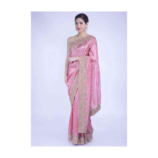 Watermelon Pink Saree In Silk With Floral Embroidered Buttis And Border Online - Kalki Fashion