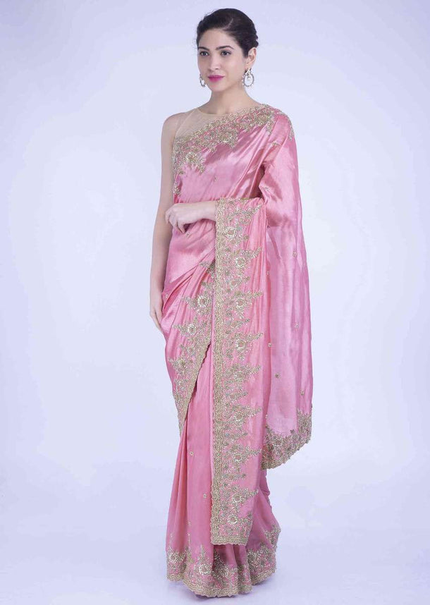 Watermelon Pink Saree In Silk With Floral Embroidered Buttis And Border Online - Kalki Fashion