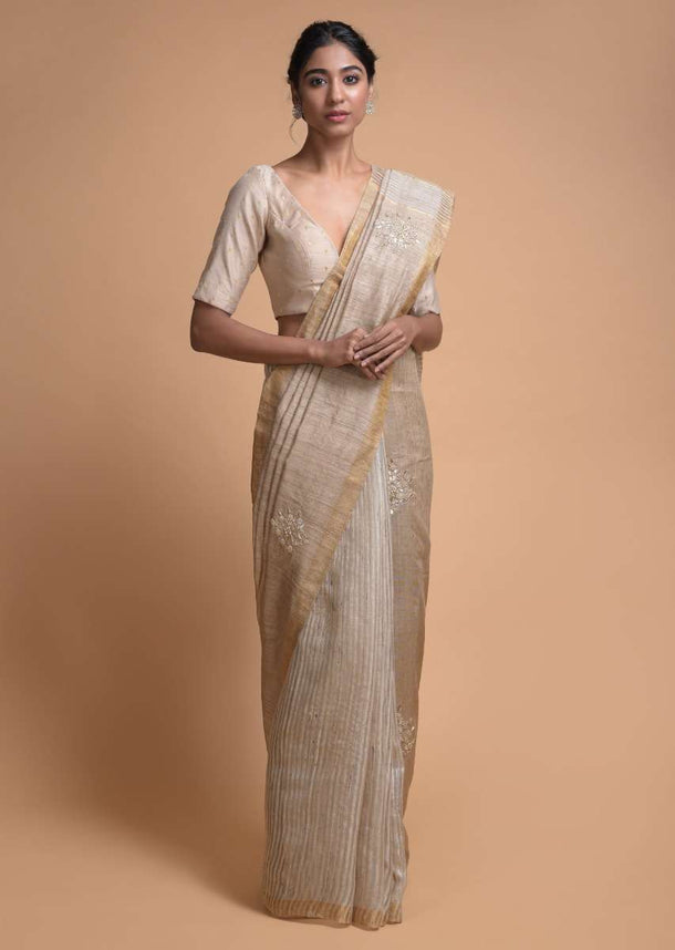 Wheat Beige Half And Half Saree In Tussar Silk With Striped Pattern And Gotta Embroidered Motifs Online - Kalki Fashion