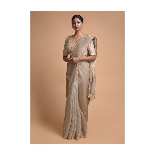 Wheat Beige Half And Half Saree In Tussar Silk With Striped Pattern And Gotta Embroidered Motifs Online - Kalki Fashion