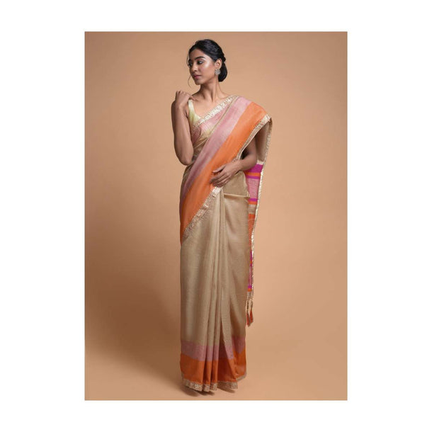 Wheat Beige Saree In Tussar Silk With  Pink And Orange Weaved Border Online - Kalki Fashion