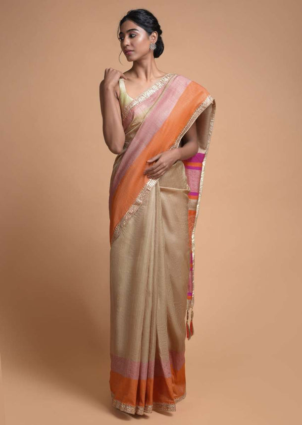 Wheat Beige Saree In Tussar Silk With  Pink And Orange Weaved Border Online - Kalki Fashion