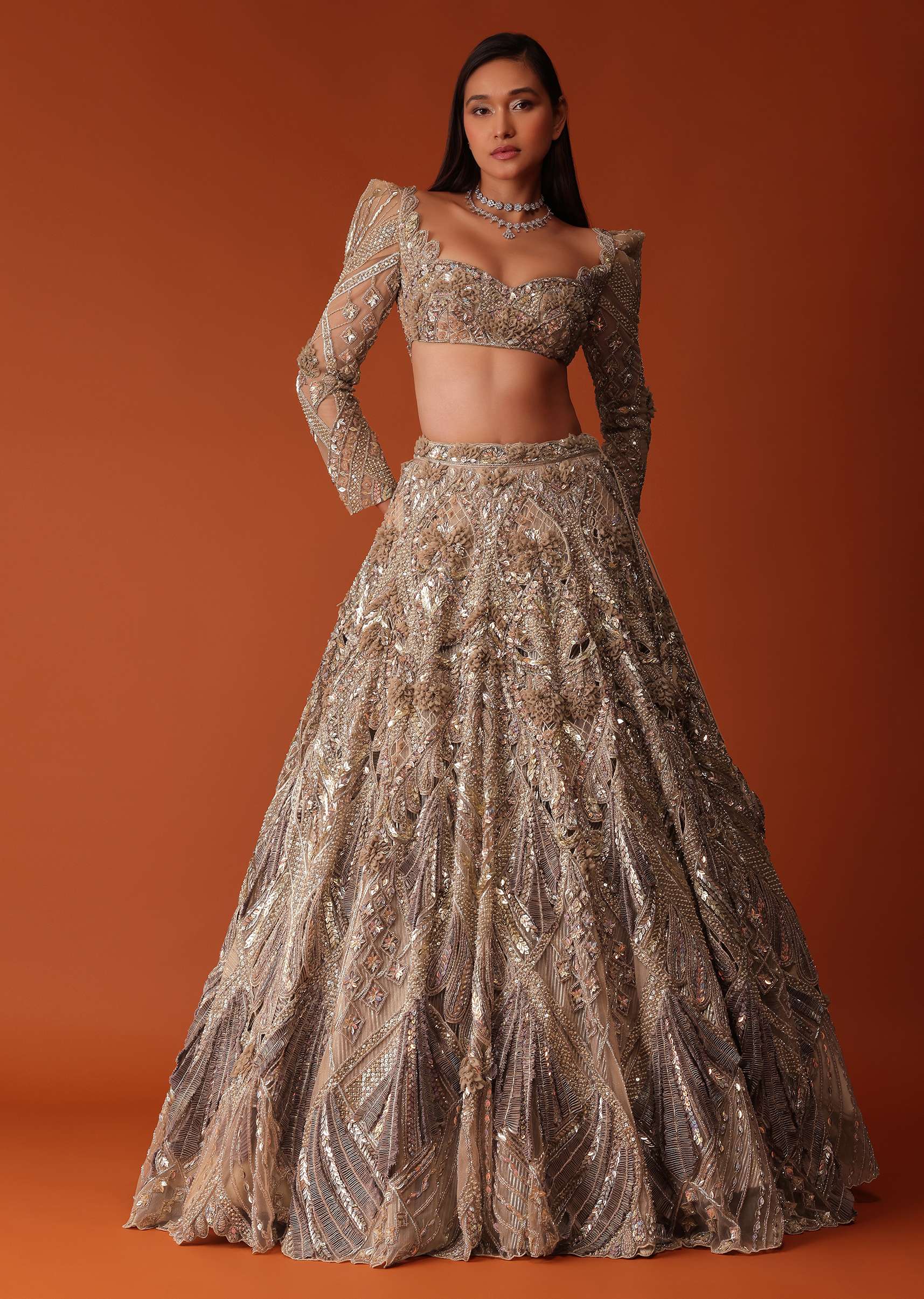 Wheat Gold 16 Kali Bridal Lehenga In Net With 3D Embroidery