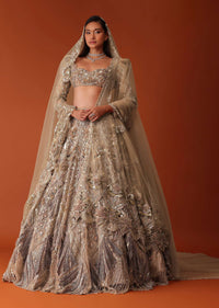 Wheat Gold 16 Kali Bridal Lehenga In Net With 3D Embroidery