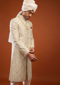 Beige White Embroidered Sherwani Set In Tussar Silk