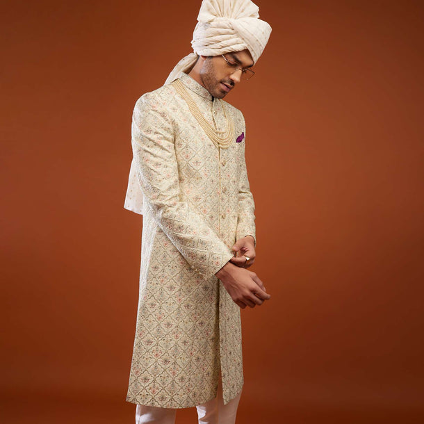 Beige White Embroidered Sherwani Set In Tussar Silk