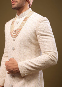 Nude White Lucknowi Sherwani Set In Zari And Cut-dana