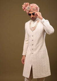 Nude White Lucknowi Sherwani Set In Zari And Cut-dana