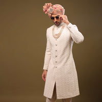 Nude White Lucknowi Sherwani Set In Zari And Cut-dana