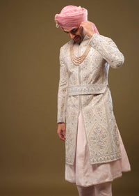 Nude White Silk Sherwani Set With Intricate Embroidery