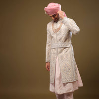 Nude White Silk Sherwani Set With Intricate Embroidery