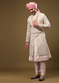 Nude White Silk Sherwani Set With Intricate Embroidery