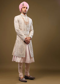 Nude White Silk Sherwani Set With Intricate Embroidery