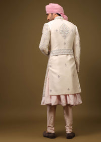 Nude White Silk Sherwani Set With Intricate Embroidery