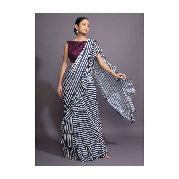 White And Black Ruffle Saree With Striped Print Online - Kalki Fashion