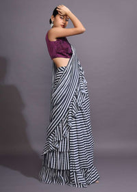 White And Black Ruffle Saree With Striped Print Online - Kalki Fashion