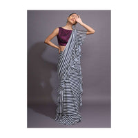 White And Black Ruffle Saree With Striped Print Online - Kalki Fashion