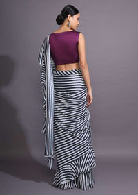 White And Black Ruffle Saree With Striped Print Online - Kalki Fashion