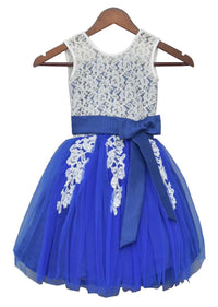 White And Blue Dress With Lace Bodice By Fayon Kids