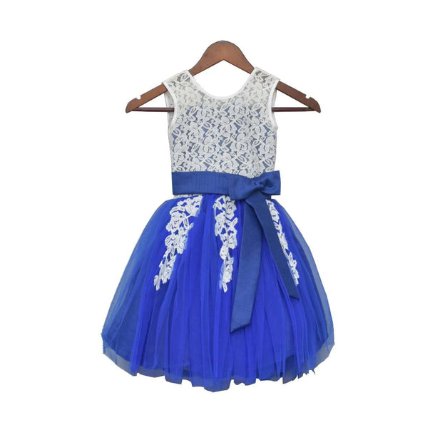 White And Blue Dress With Lace Bodice By Fayon Kids