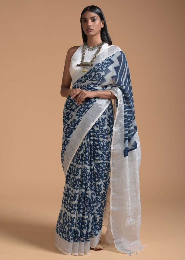 White And Blue Saree In Linen With Batik Printed Abstract Jaal And Striped Design Online - Kalki Fashion