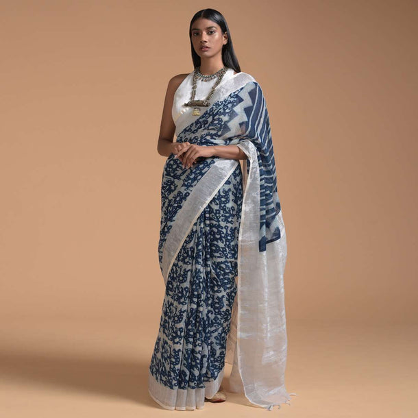 White And Blue Saree In Linen With Batik Printed Abstract Jaal And Striped Design Online - Kalki Fashion