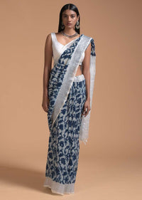 White And Blue Saree In Linen With Batik Printed Floral Jaal Online - Kalki Fashion