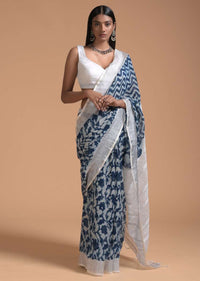 White And Blue Saree In Linen With Batik Printed Floral Jaal Online - Kalki Fashion