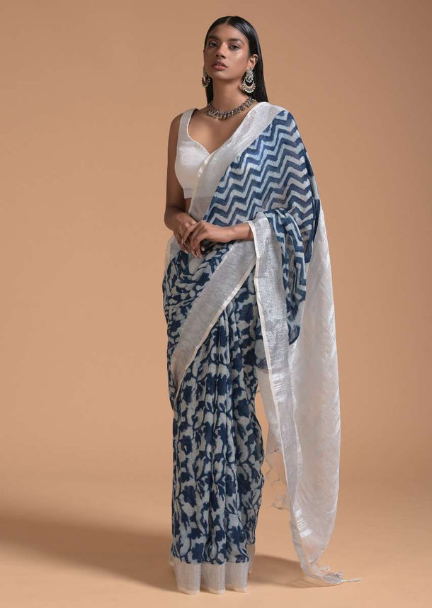 White And Blue Saree In Linen With Batik Printed Floral Jaal Online - Kalki Fashion