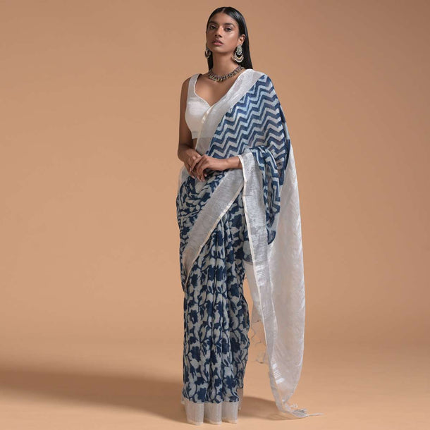 White And Blue Saree In Linen With Batik Printed Floral Jaal Online - Kalki Fashion