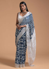 White And Blue Saree In Linen With Batik Printed Floral Jaal Online - Kalki Fashion